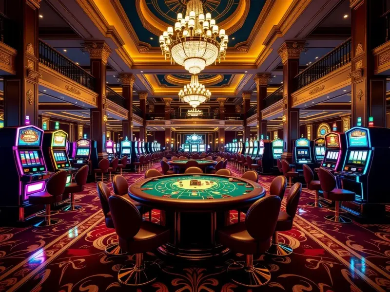 Dewan kasino mewah Gasia88 dengan mesin slot dan meja